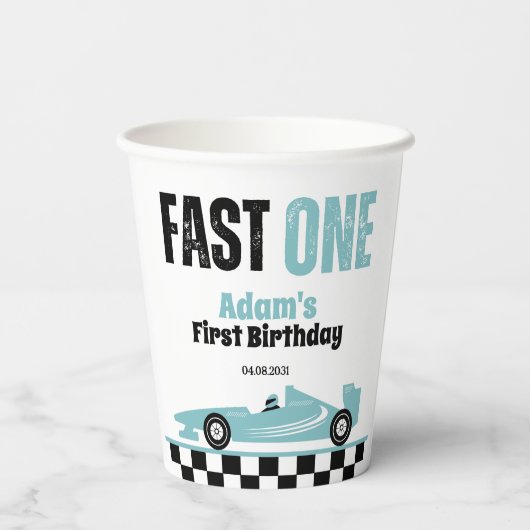 Fast One Blue Race Car Boy 1e Verjaardagsfeestje Papieren Bekers (Achterkant)