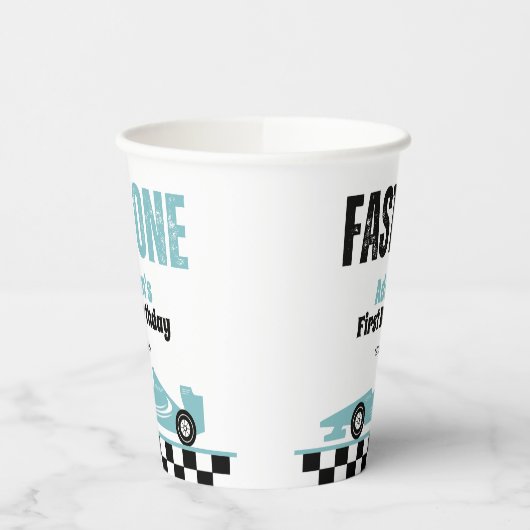 Fast One Blue Race Car Boy 1e Verjaardagsfeestje Papieren Bekers (Links)
