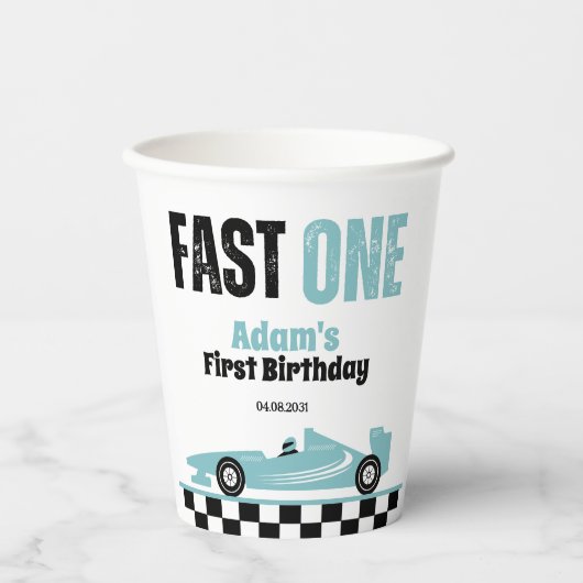 Fast One Blue Race Car Boy 1e Verjaardagsfeestje Papieren Bekers (Voorkant)