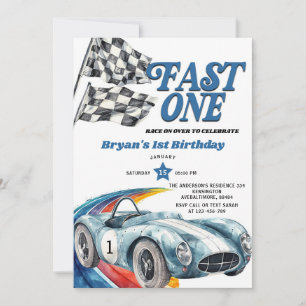 Fast One  Blue Race Car Boy Eerste Verjaardag Kaart