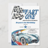 Fast One Blue Race Car Boy Eerste Verjaardag Kaart (Voorkant)