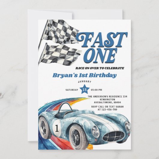 Fast One  Blue Race Car Boy Eerste Verjaardag Kaart (Voorkant)