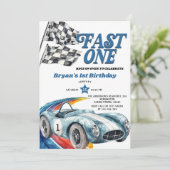 Fast One  Blue Race Car Boy Eerste Verjaardag Kaart (Staand voorkant)
