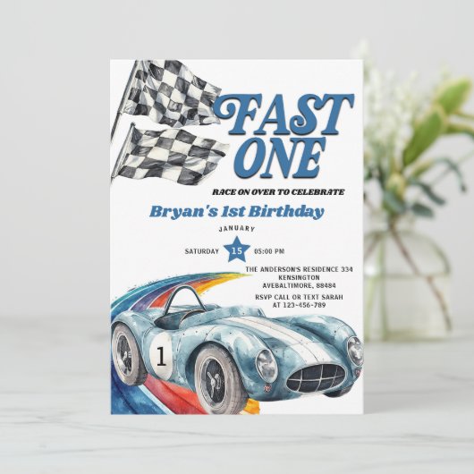 Fast One  Blue Race Car Boy Eerste Verjaardag Kaart (Staand voorkant)
