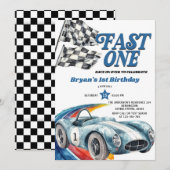 Fast One  Blue Race Car Boy Eerste Verjaardag Kaart (Voorkant / Achterkant)