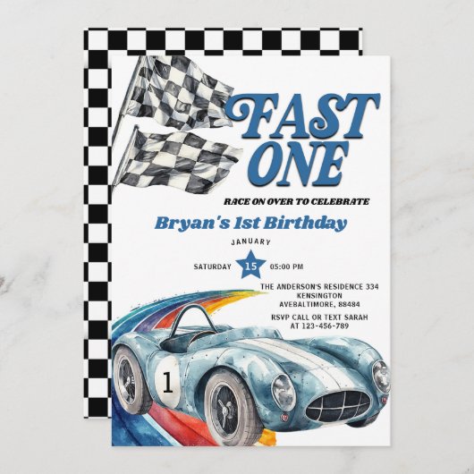 Fast One Blue Race Car Boy Eerste Verjaardag Kaart (Voorkant / Achterkant)