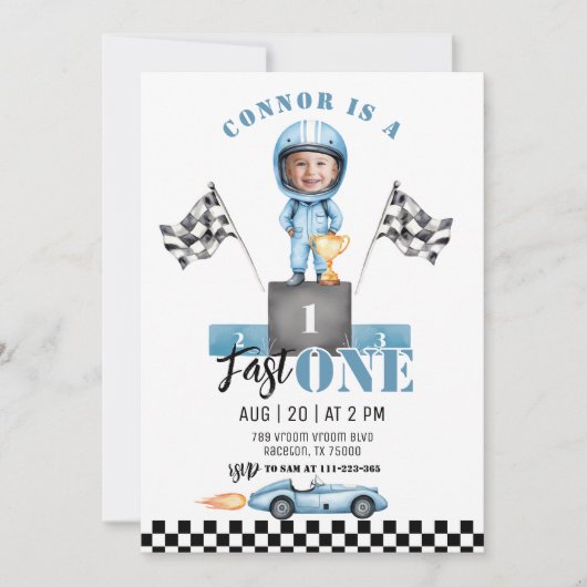 Fast One Blue raceauto 1e foto Verjaardag Kaart (Voorkant)