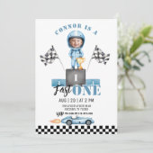 Fast One Blue raceauto 1e foto Verjaardag Kaart (Staand voorkant)