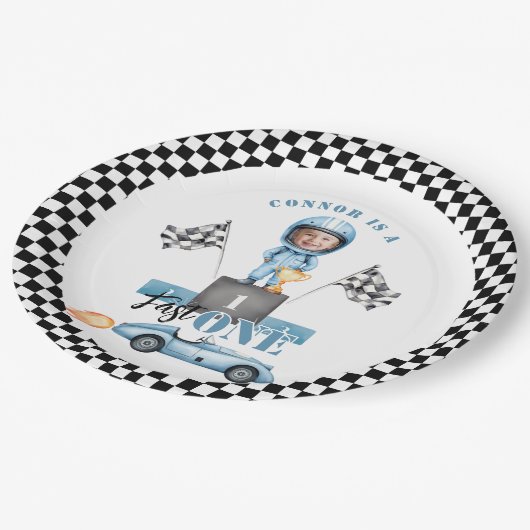 Fast One Blue raceauto 1e foto Verjaardag Papieren Bordje (Gekanteld)