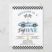 Fast One Blue raceauto Boy 1st Birthday Foto Kaart (Voorkant)