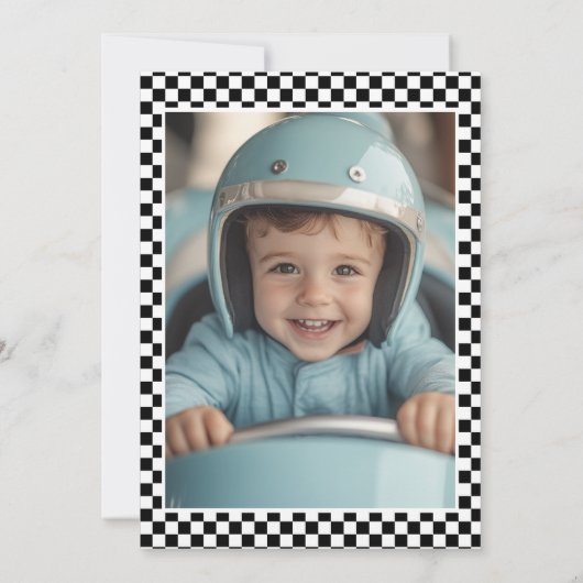 Fast One Blue raceauto Boy 1st Birthday Foto Kaart (Achterkant)