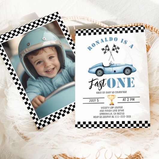 Fast One Blue raceauto Boy 1st Birthday Foto Kaart