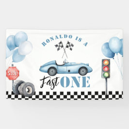 Fast One Blue raceauto Boy 1st Birthday Foto Spandoek