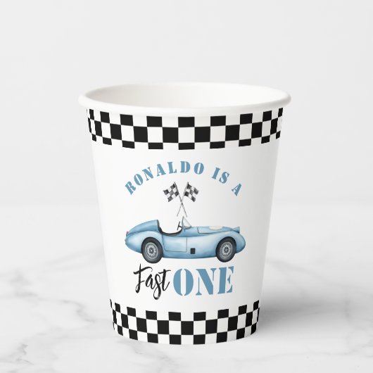 Fast One Blue raceauto Boy 1st Birthday Papieren Bekers (Voorkant)