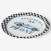 Fast One Blue raceauto Boy 1st Birthday Papieren Bordje (Gekanteld)