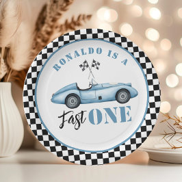 Fast One Blue raceauto Boy 1st Birthday Papieren Bordje