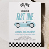 Fast One Blue Racecar Race Car 1e Verjaardagsfeest Kaart