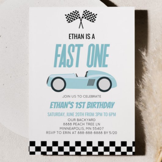 Fast One Blue Racecar Race Car 1e Verjaardagsfeest Kaart