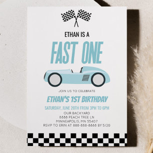 Fast One Blue Racecar Race Car 1e Verjaardagsfeest Kaart