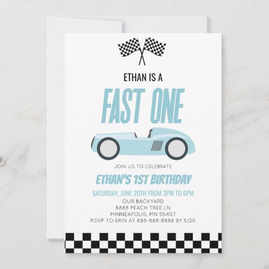 Fast One Blue Racecar Race Car 1e Verjaardagsfeest Kaart (Voorkant)