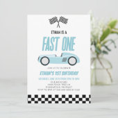Fast One Blue Racecar Race Car 1e Verjaardagsfeest Kaart (Staand voorkant)