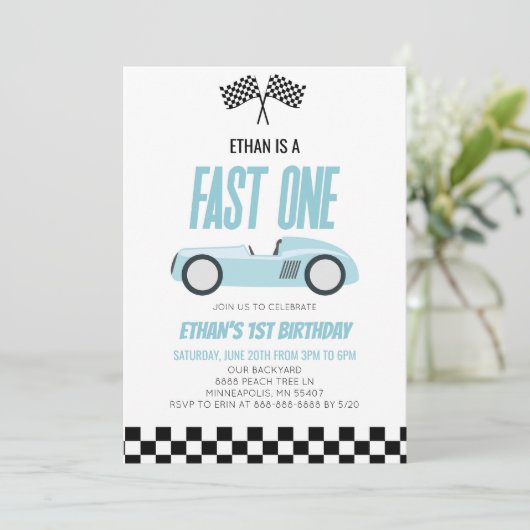 Fast One Blue Racecar Race Car 1e Verjaardagsfeest Kaart (Staand voorkant)