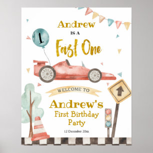 Fast One Boy First Birthday Racing Welcome Sign Poster