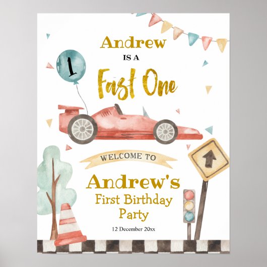 Fast One Boy First Birthday Racing Welcome Sign Poster (Voorkant)