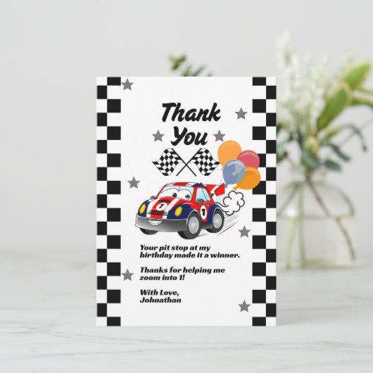 Fast One Boy's First Birthday Bedankt Race Car (Staand voorkant)