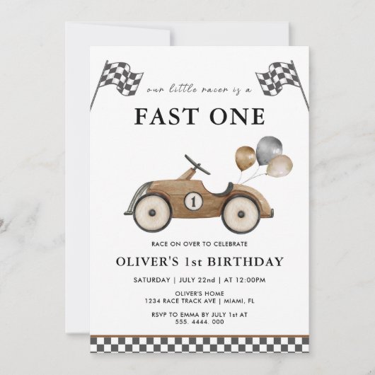 Fast One Brown Race Car Boys 1e verjaardag Kaart (Voorkant)