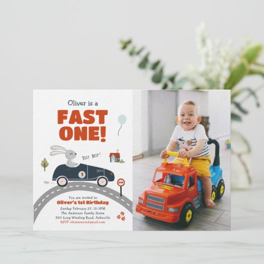 Fast One Cars 1e verjaardag uitnodiging (Staand voorkant)