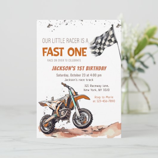 Fast One Dirt Bike Boy 1e verjaardag Kaart (Staand voorkant)