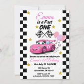 Fast One Girl's First Birthday Invitation Race Car Kaart (Voorkant)
