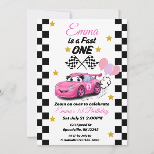 Fast One Girl's First Birthday Invitation Race Car Kaart (Voorkant)