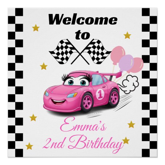 Fast One Girl's First Birthday Invitation Race Car Perfect Poster (Voorkant)