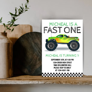 Fast One Green Monster Truck Eerste Verjaardag Kaart