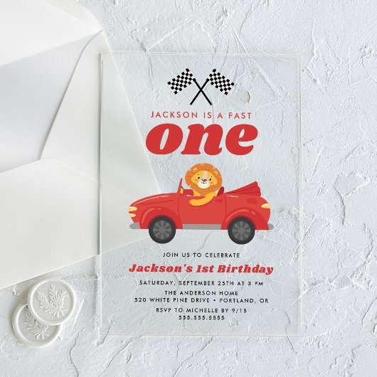 Fast One Lion Red Race Car Boy 1st Birthday Acryl Uitnodigingen