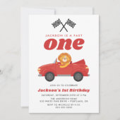 Fast One Lion Red Race Car Boy 1st Birthday Kaart (Voorkant)