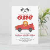 Fast One Lion Red Race Car Boy 1st Birthday Kaart (Staand voorkant)