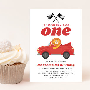 Fast One Lion Red Race Car Boy 1st Birthday Kaart