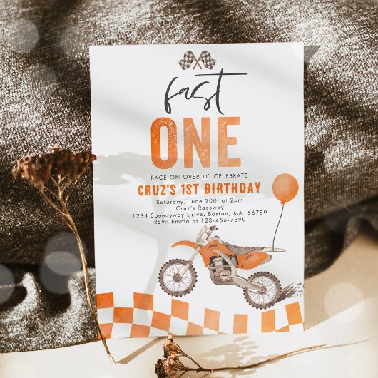 Fast One Oranje Dirt Bike Boy 1e Verjaardagsfeestj Kaart