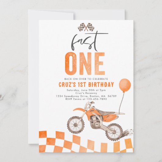 Fast One Oranje Dirt Bike Boy 1e Verjaardagsfeestj Kaart (Voorkant)