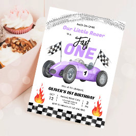 Fast One Paarse Race Car 1st Birthday Racing Girl Kaart