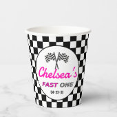 Fast ONE Pink Black White Race Car Flags Birthday  Papieren Bekers (Voorkant)