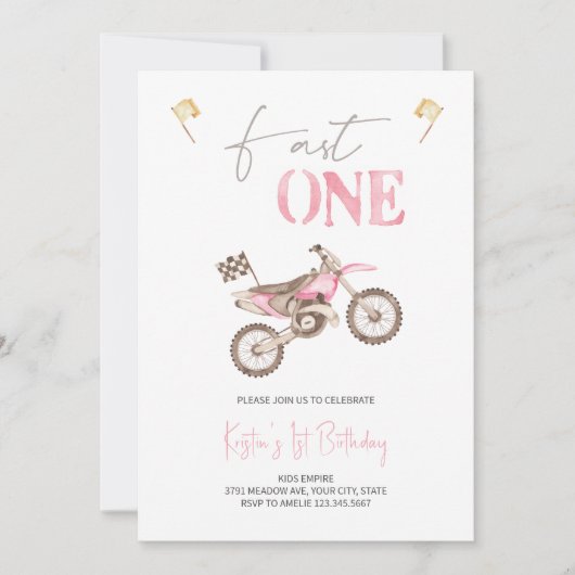 Fast ONE Pink Dirt Bike Verjaardagsuitnodiging Kaart (Voorkant)