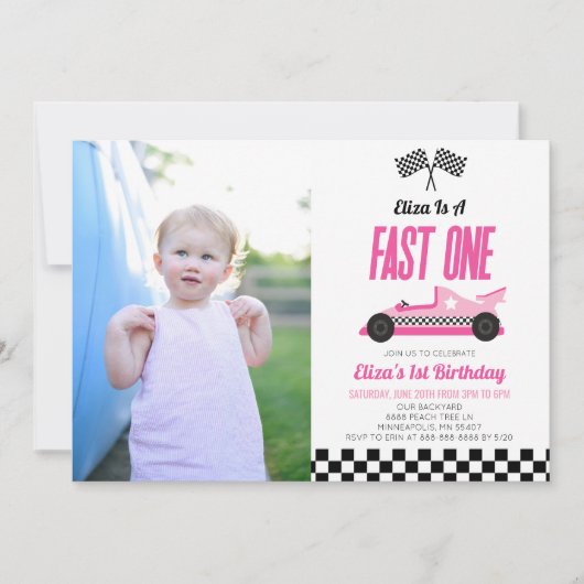 Fast One Pink Flame Race Auto 1e Verjaardagsfeest Kaart (Voorkant)