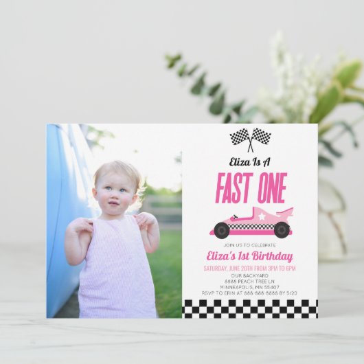 Fast One Pink Flame Race Auto 1e Verjaardagsfeest Kaart (Staand voorkant)