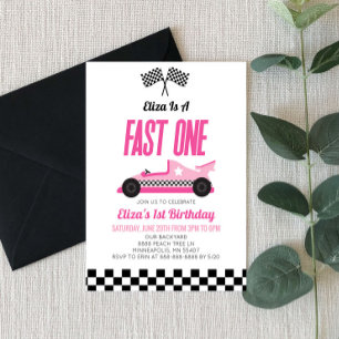 Fast One Pink Flame Race Auto 1e Verjaardagsfeest Kaart