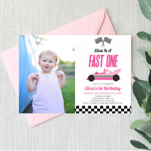 Fast One Pink Flame Race Auto 1e Verjaardagsfeest Kaart