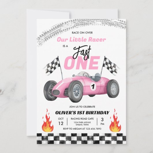 Fast One Pink Race Car 1st Birthday Racing Girl Kaart (Voorkant)